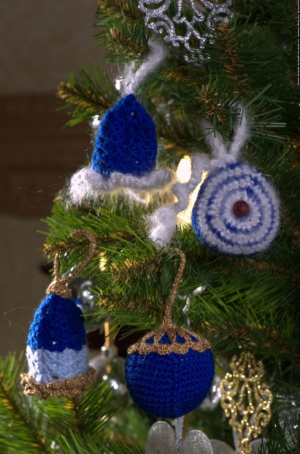 Новогодние ёлочные шары «Колокольчик 8» ручной работы синие набор 4 предметов